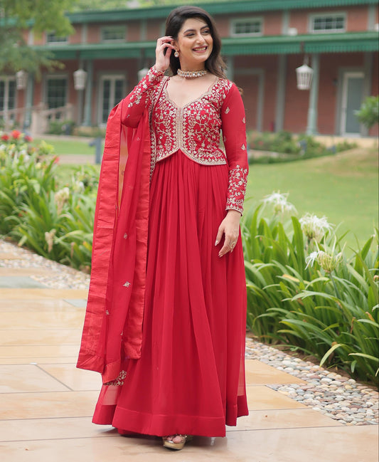 Faux Blooming Multi &amp; Zari Embroidered Work Gown With Dupatta