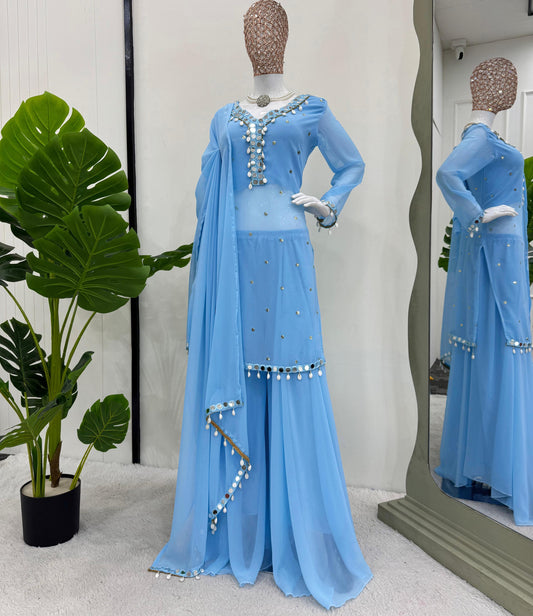 Sky Blue Faux Georgette Thread Embroidery With Real Mirros Work 3pc Plazo Set