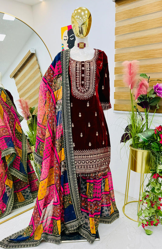 Maroon Velvet Embroidery With Codding And Sequins Work Sharara Suit