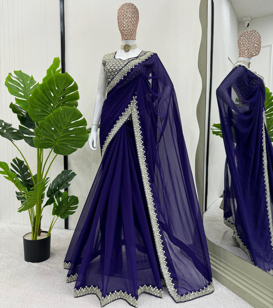 Dark Blue Heavy Georgette With Embroidery Saree