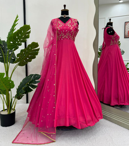 Pink Chinon Silk With Thread Embroidery Work Gown With Pant And Dupatta