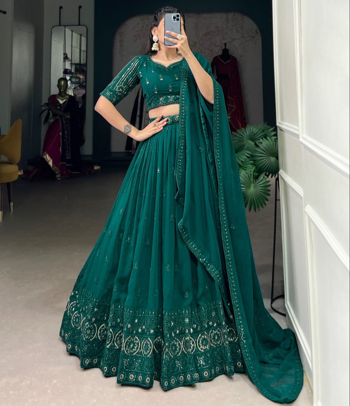 Bottle Green Georgette Sequins and Thread Embroidery Work Lehenga