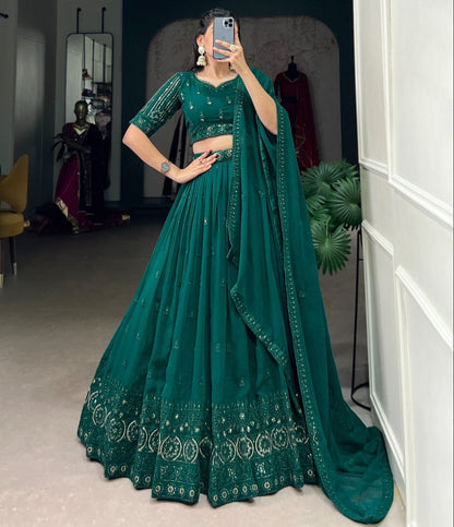 Bottle Green Georgette Sequins and Thread Embroidery Work Lehenga