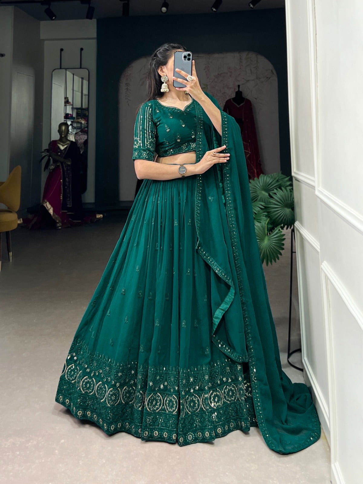 Bottle Green Georgette Sequins and Thread Embroidery Work Lehenga