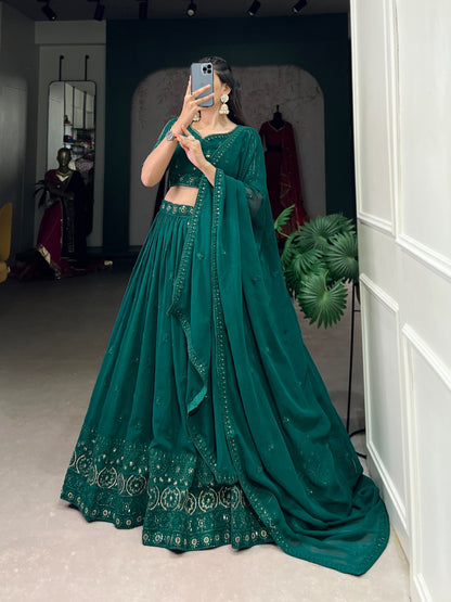 Bottle Green Georgette Sequins and Thread Embroidery Work Lehenga