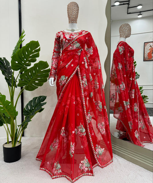 Red Heavy Georgette Sequence Work with Digital Print Saree