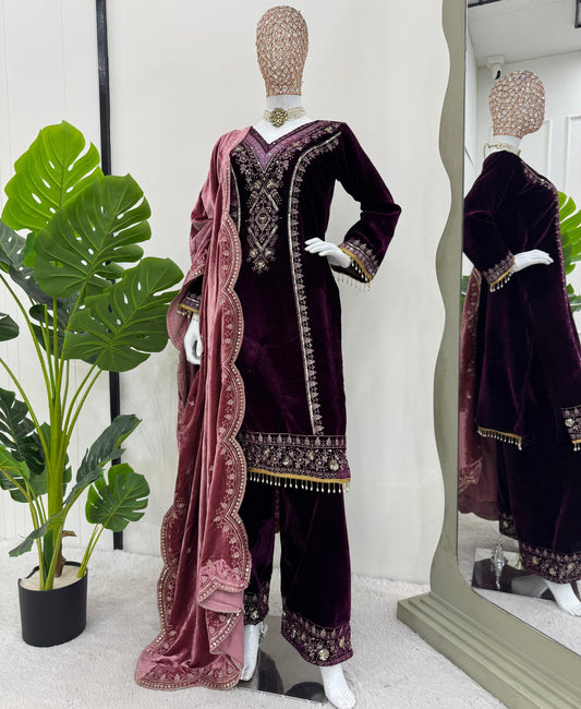 Wine Color Viscose Velvet With Sequins And Lace Border 3pc Kurta Set