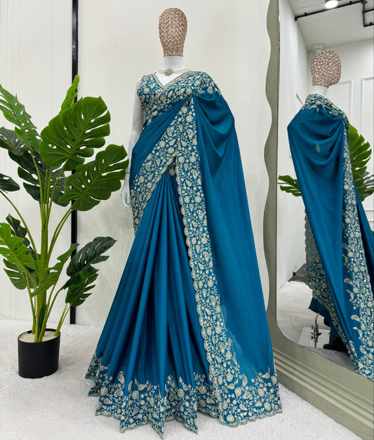 Blue Heavy Chinon Thread &amp; Sequence Work Saree