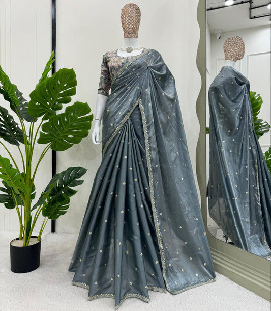 Gray Jimmy Chu Sequins Work Saree