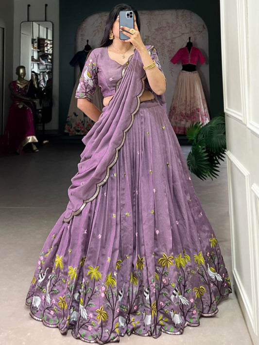 Lavender Vichitra Simmer Sequins Embroidery Work Lehenga