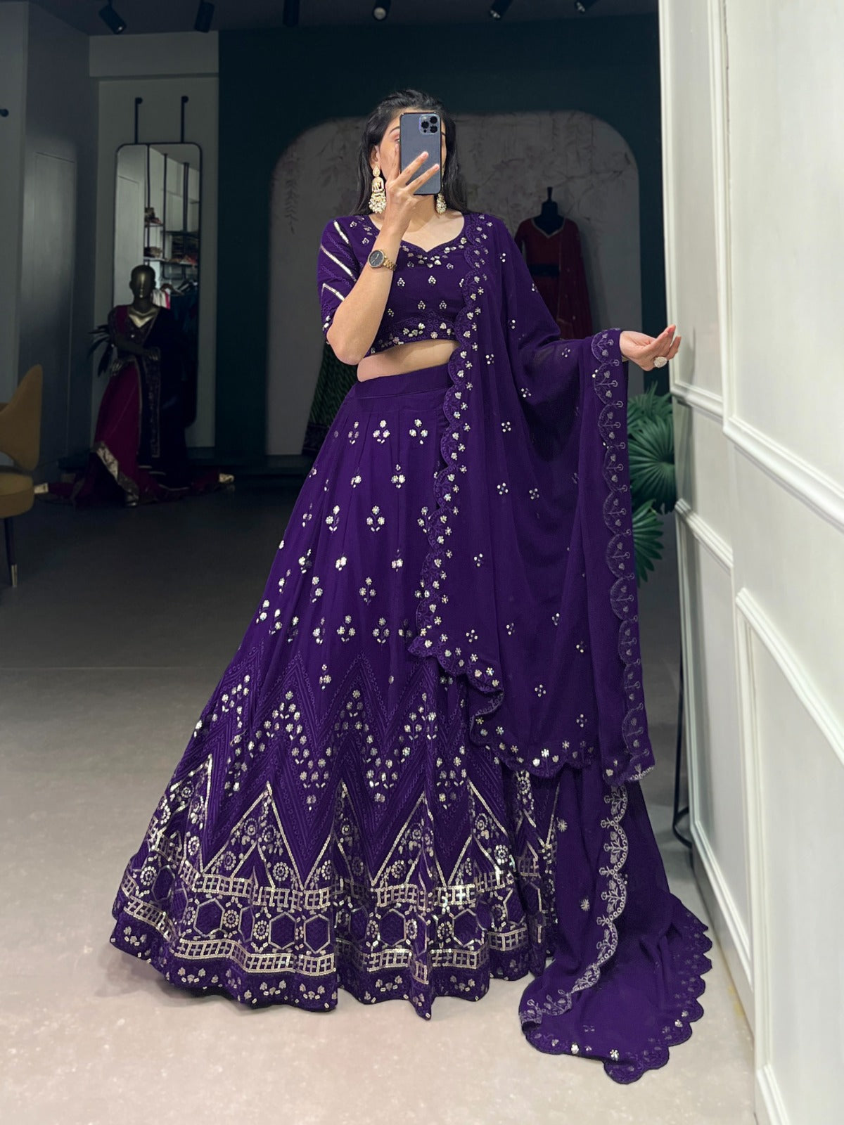 Purple Georgette  Sequins and Thread Embroidery Work Lehenga