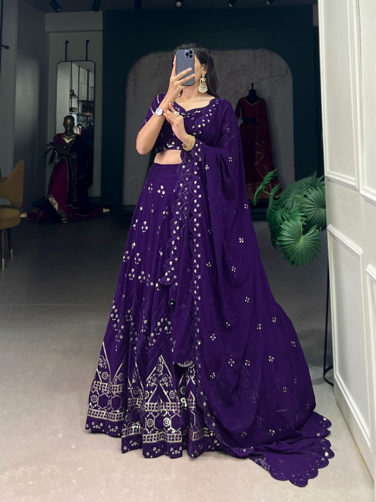 Purple Georgette  Sequins and Thread Embroidery Work Lehenga