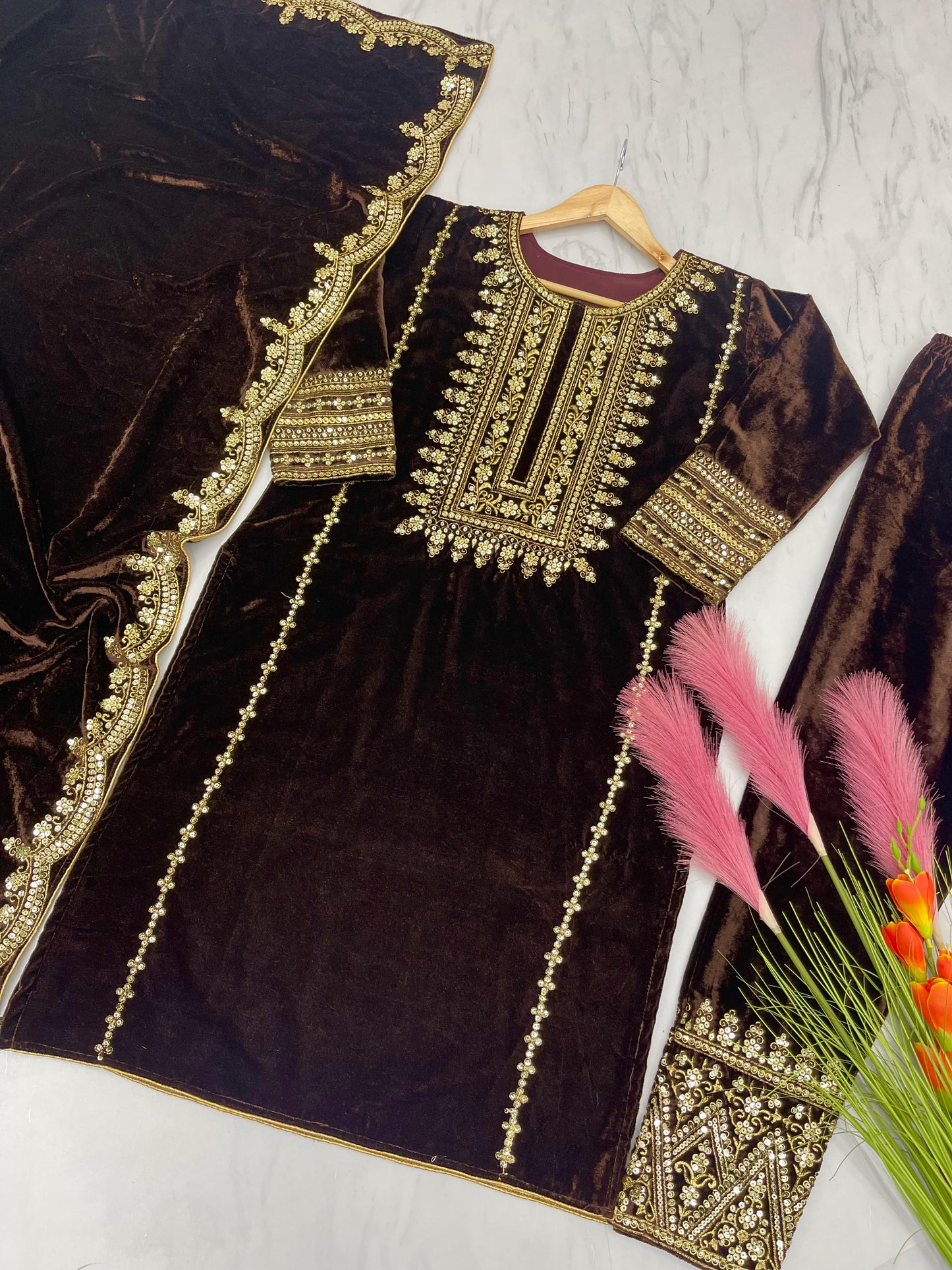 Pure Heavy Embroidery Sequins Viscose Velvet Kurta Plazo Set