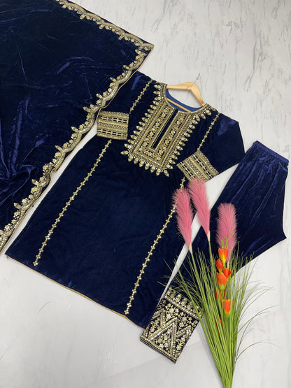 Pure Heavy Embroidery Sequins Viscose Velvet Kurta Plazo Set