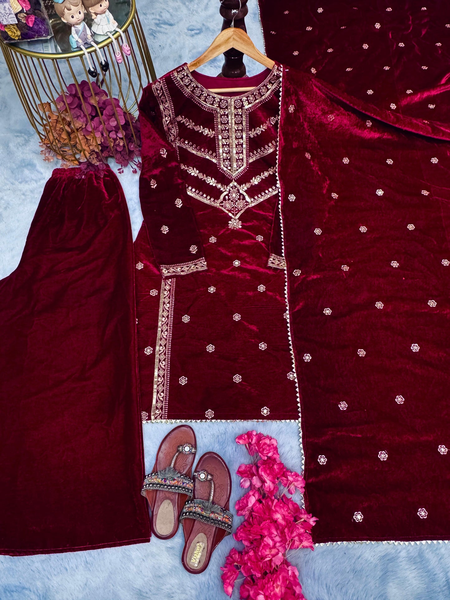 Red Sequins Embroider Heavy Pure Viscose Velvet 3pc Kurta Plazo Set