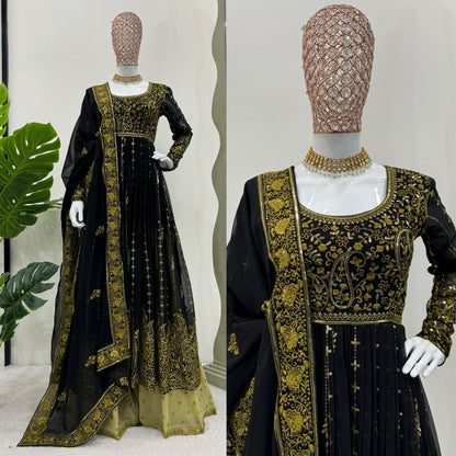 Black Faux Georgette Sequins With Embroidery With Plazo Set