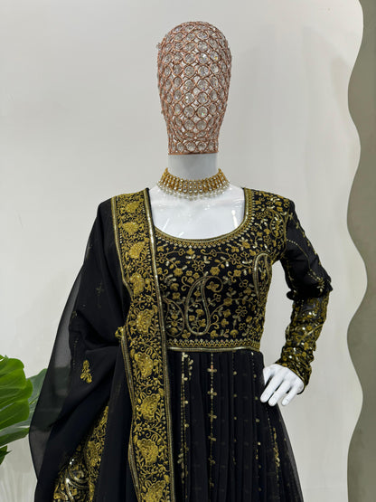 Black Faux Georgette Sequins With Embroidery With Plazo Set