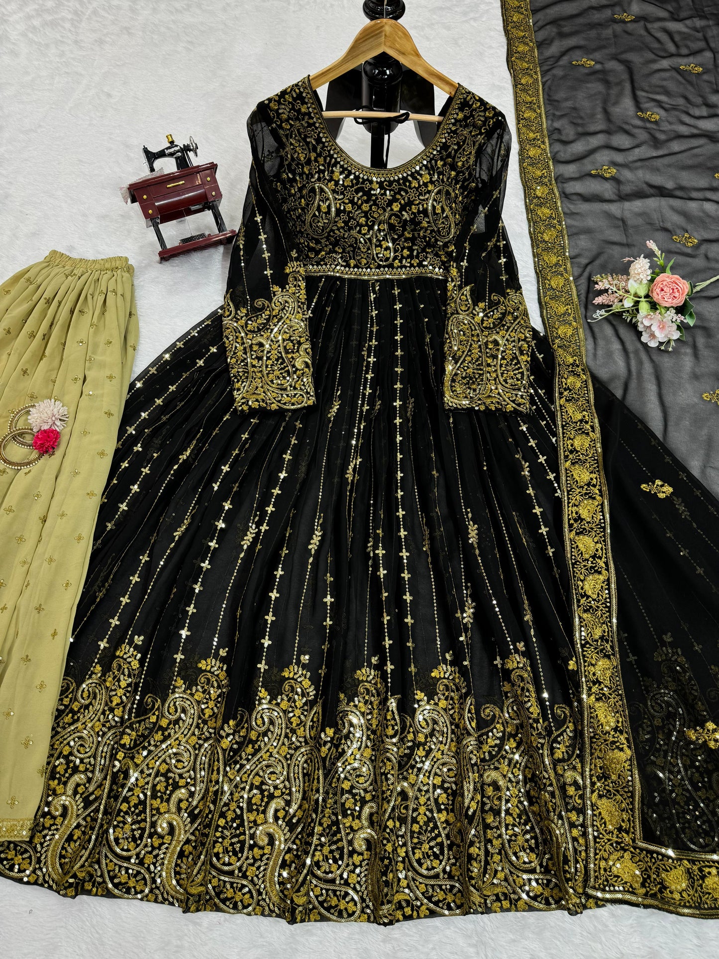 Black Faux Georgette Sequins With Embroidery With Plazo Set