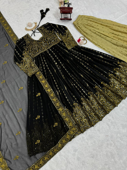 Black Faux Georgette Sequins With Embroidery With Plazo Set