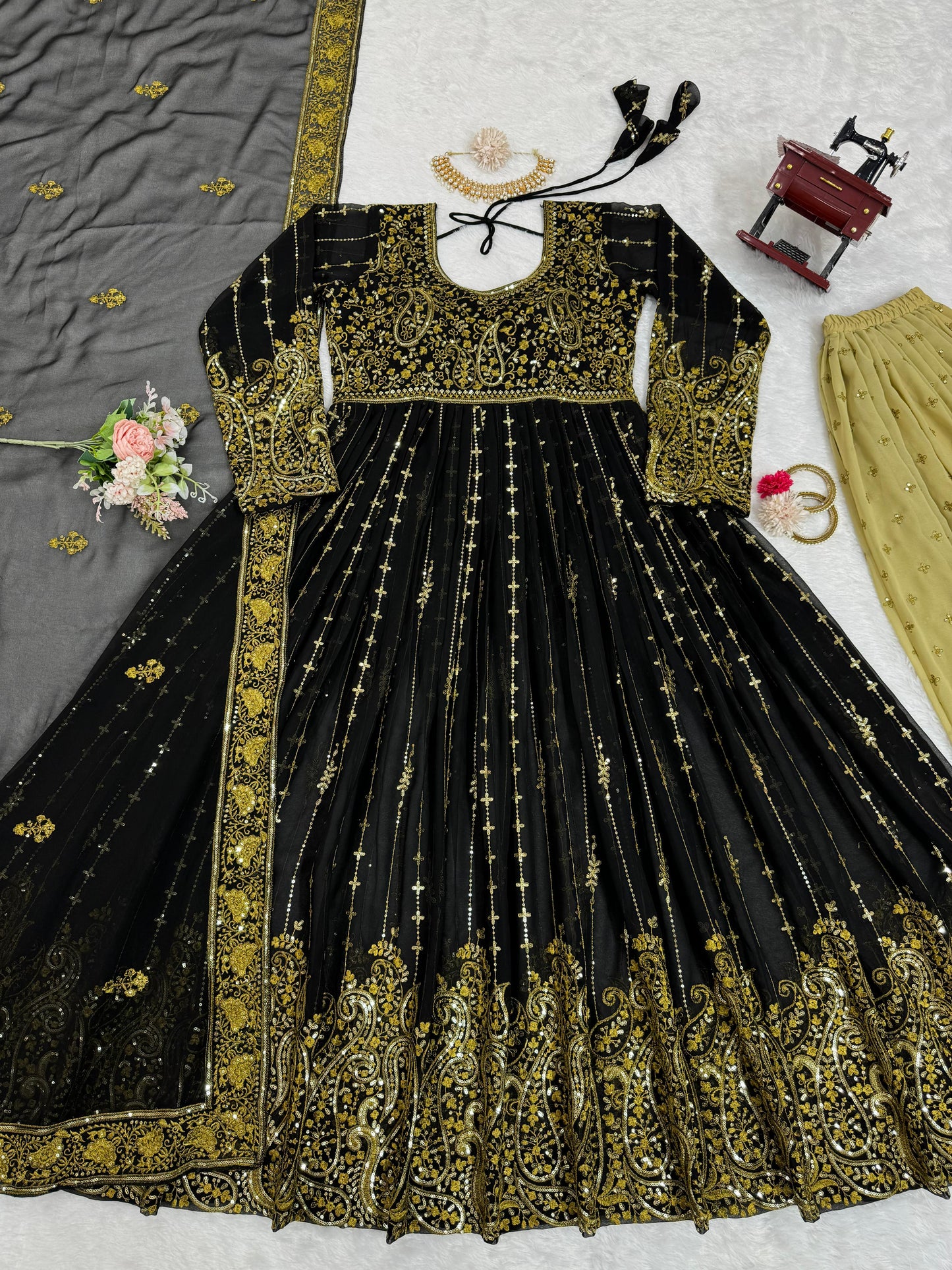 Black Faux Georgette Sequins With Embroidery With Plazo Set