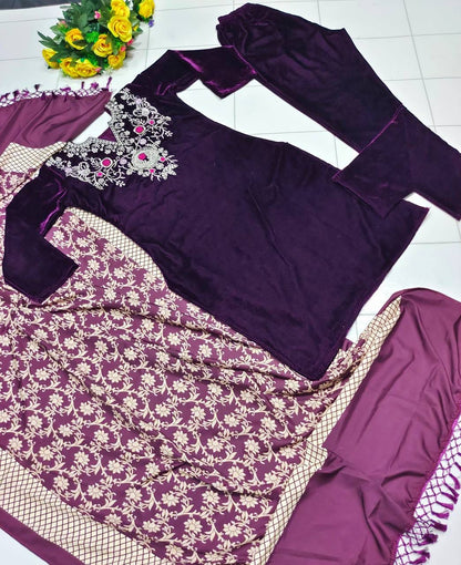 Wine Viscose Velvet Embroidery With Digital print Duppatta 3pc Kurta Set