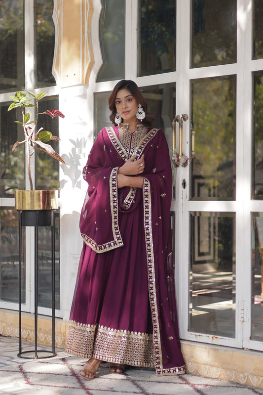 Faux Blooming Georgette Rich Sequins Work Gown With Dupatta Set