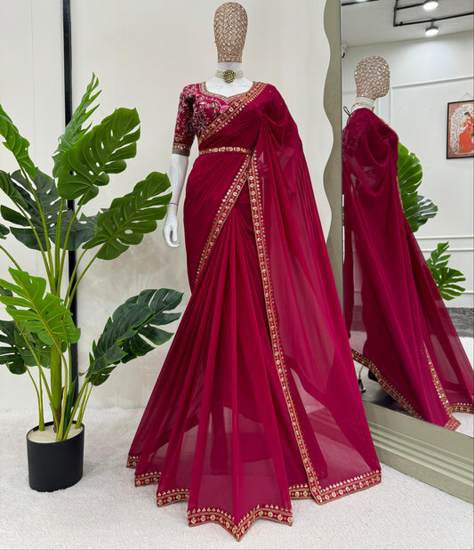 Maroon Faux Georgette Sequence Embroidery Work With Kamar Belt Saree