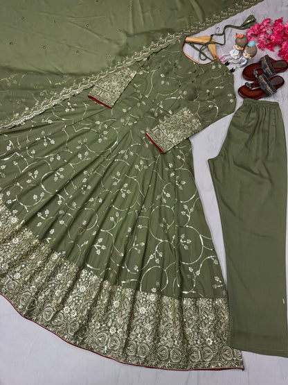 Dark Green Heavy Simar Georgette with Embroidery Work 3pc Kurti Set