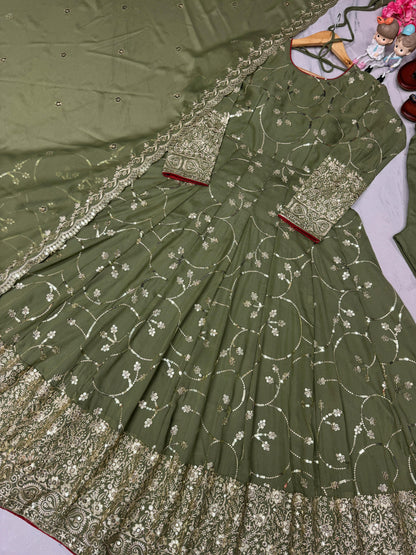 Dark Green Heavy Simar Georgette with Embroidery Work 3pc Kurti Set