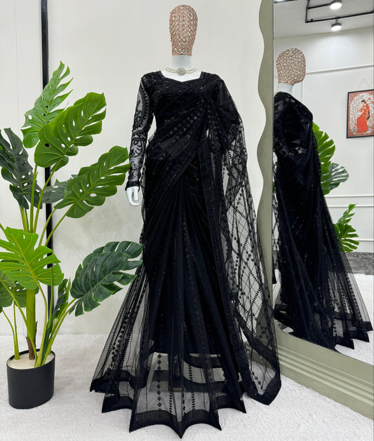 Beautiful Black Soft NetThread & Sequins work Saree