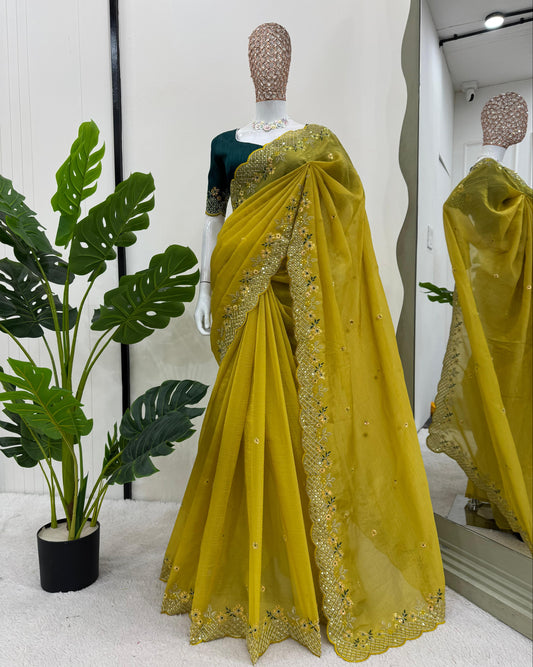 Parrot Green Crunchy Silk With Thread and Sequence Work Saree