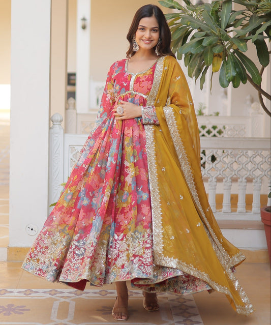 Russian silk Digital Printed With Embroidery Work Gown With Dupatta