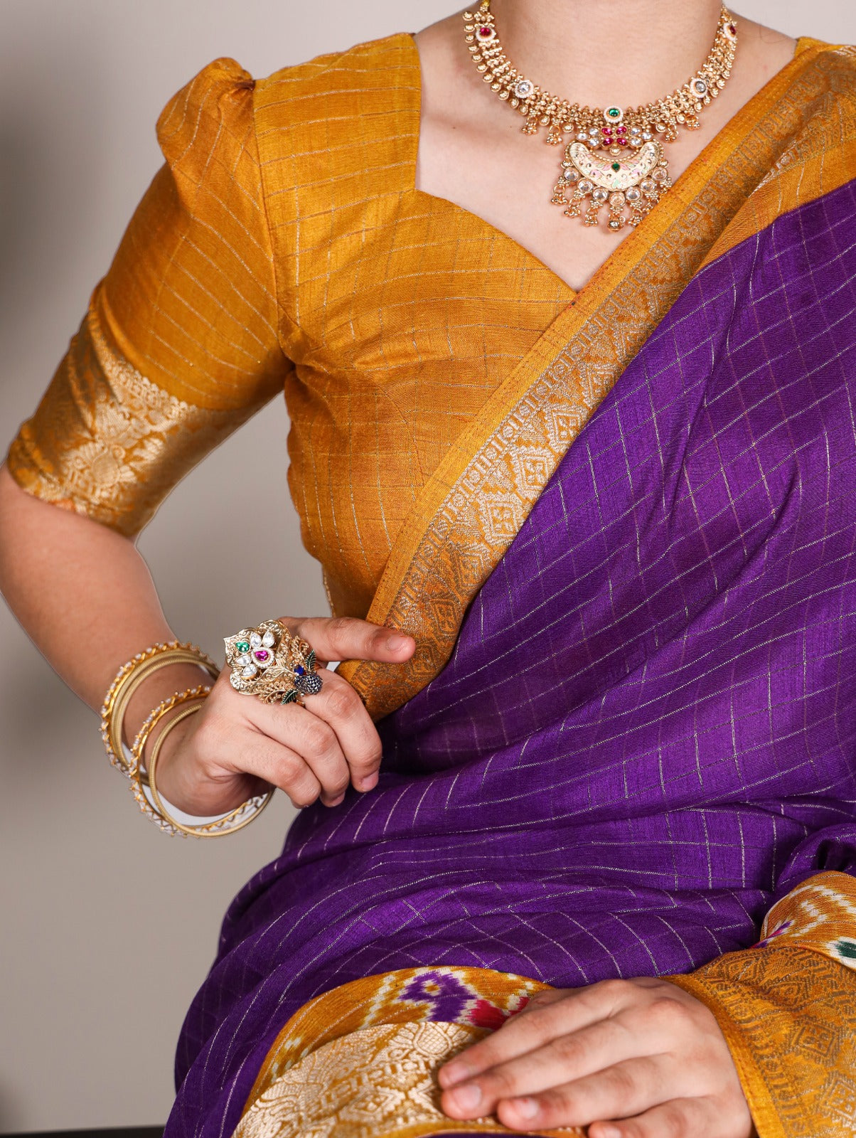 Purple Tussar Chex With  Patola Print Saree