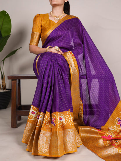 Purple Tussar Chex With  Patola Print Saree