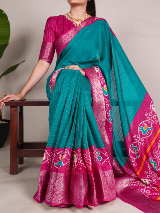 Firozi Tussar Chex With Patola Print Saree