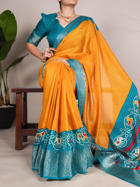 Mustard Tussar Chex With Patola Print Saree