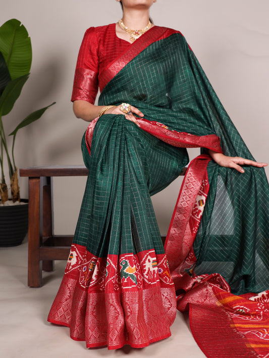 Green Tussar Chex With Patola Print Saree