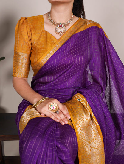 Purple Tussar Chex With  Patola Print Saree