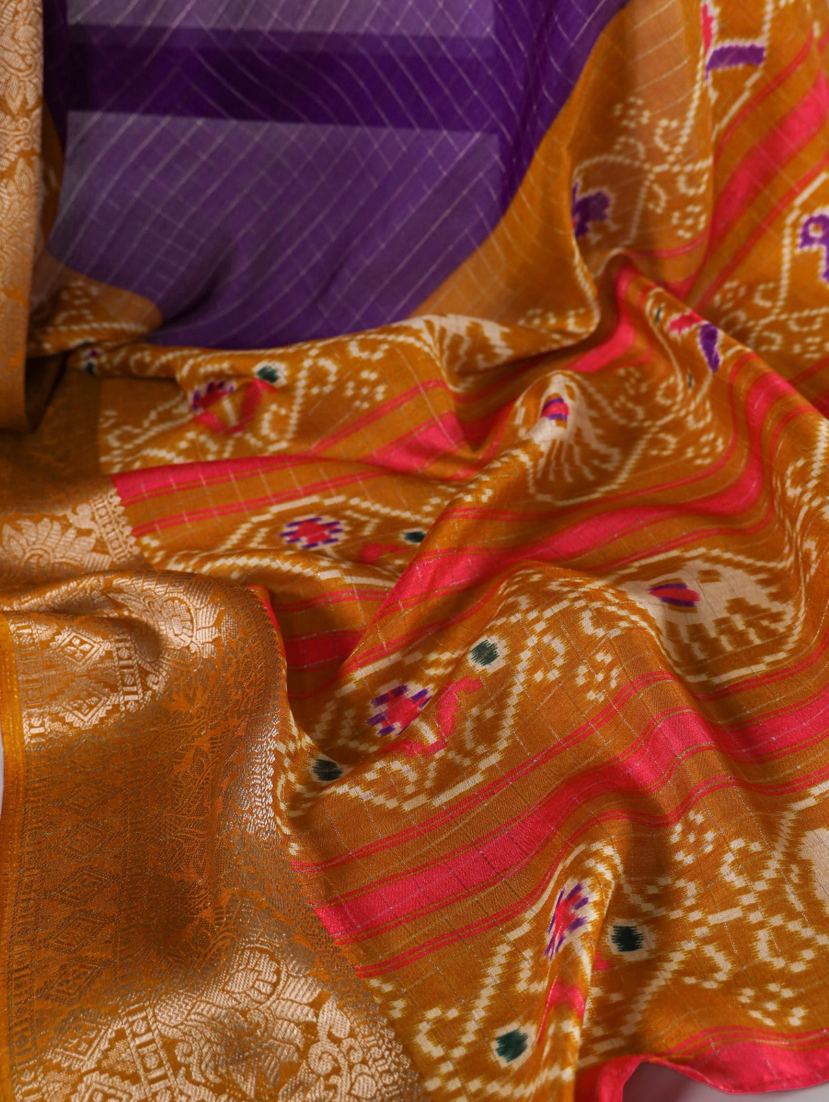 Purple Tussar Chex With  Patola Print Saree