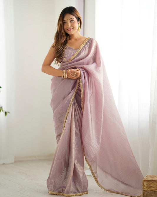 Light Dusty Mauve Gold Crush Tissu With Zari Work Ready To Wear Saree