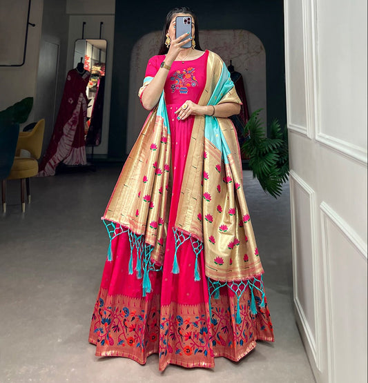 Pink Jacquard Silk With Zari Work Gown With Dupatta