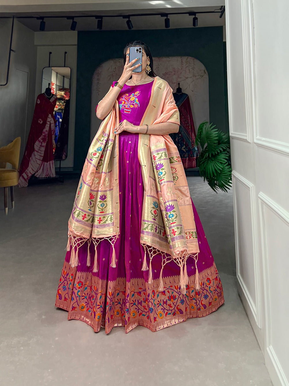 Purple Jacquard Silk With Zari Work Gown With Dupatta