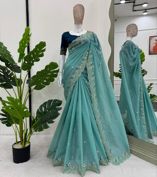 Sky Blue Crunchy Silk With Thread & Sequins Work Saree