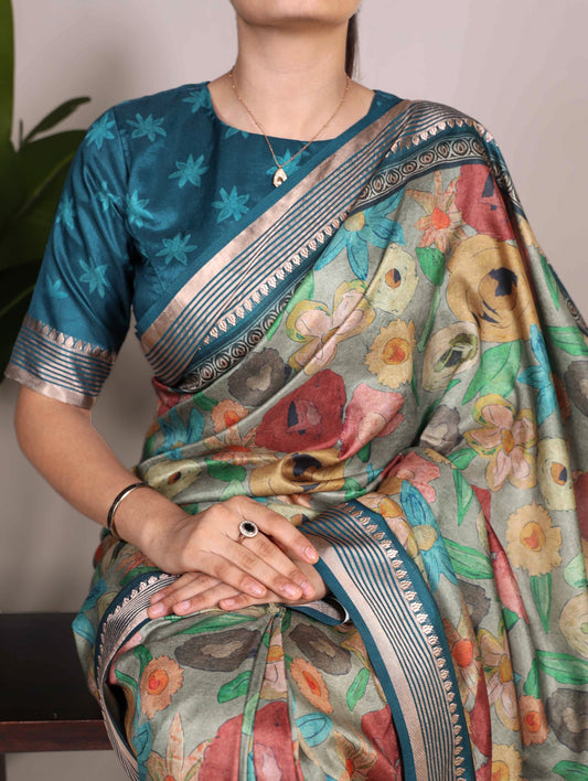 Firozi Tussar Silk Saree with Viscose Border