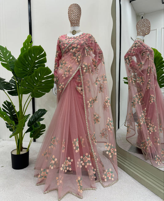 Baby Pink Soft Net Thread Sequins Work Saree