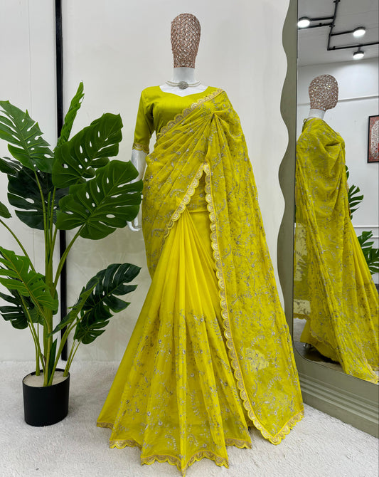 Lemon Heavy Tibby Silk With Coding Work Saree