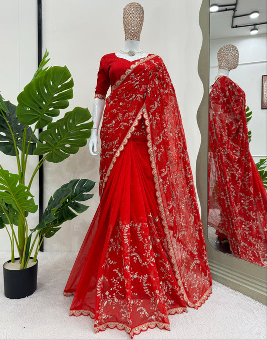 Red Heavy Tibby Silk With Coding Work Saree