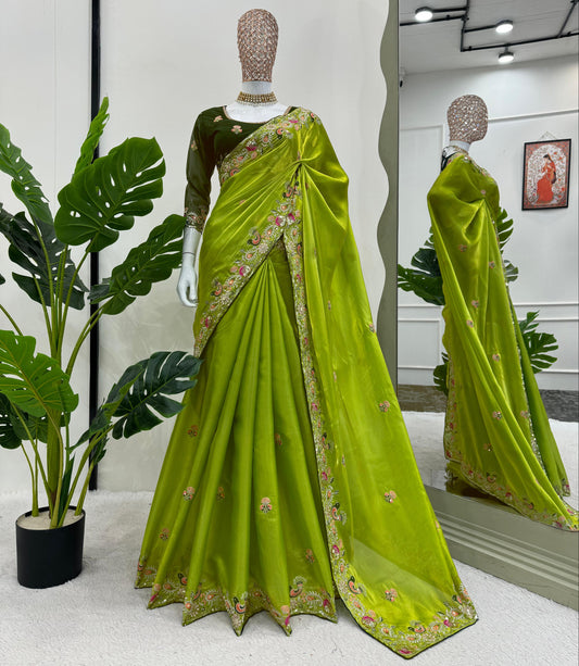 Lime Green Jimmy Chu Thread Work Saree