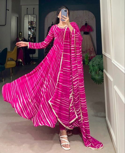 Pink Leheriya Georgette with Lace Gown With Dupatta