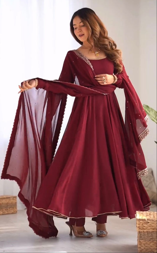 Maroon Heavy Faux Georgette With Embroidery Work 3pc Kurta Set